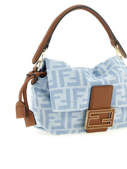 Fendi Mamma Polyester & Denim Cotton Small Flap Baguette Handbag - Brown Gold Light Blue Monogram