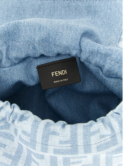Fendi Mamma Polyester & Denim Cotton Small Flap Baguette Handbag - Brown Gold Light Blue Monogram