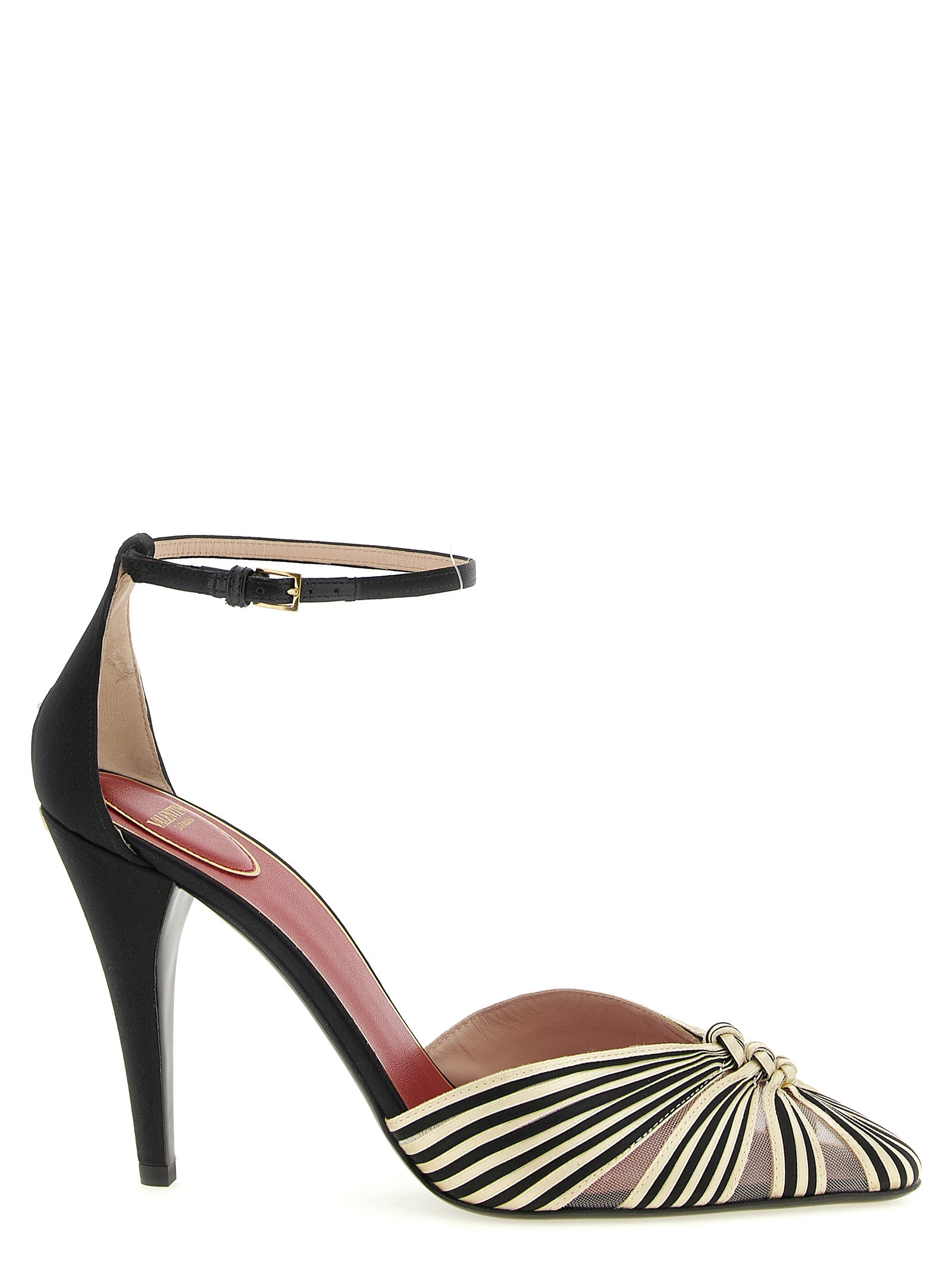 High-Heel Stiletto Ankle Strap Pumps Heels by Valentino Garavani for women in viscose satin silk & mesh gold, multicolor, red, transparent & signature features an captivating silhouette, showcasing the elegant V Logo Women's Viscose Satin Silk & Mesh High-Heel Stiletto Ankle Strap Pumps Heels design with a stiletto high-heel and a sophisticated pointed toe style.