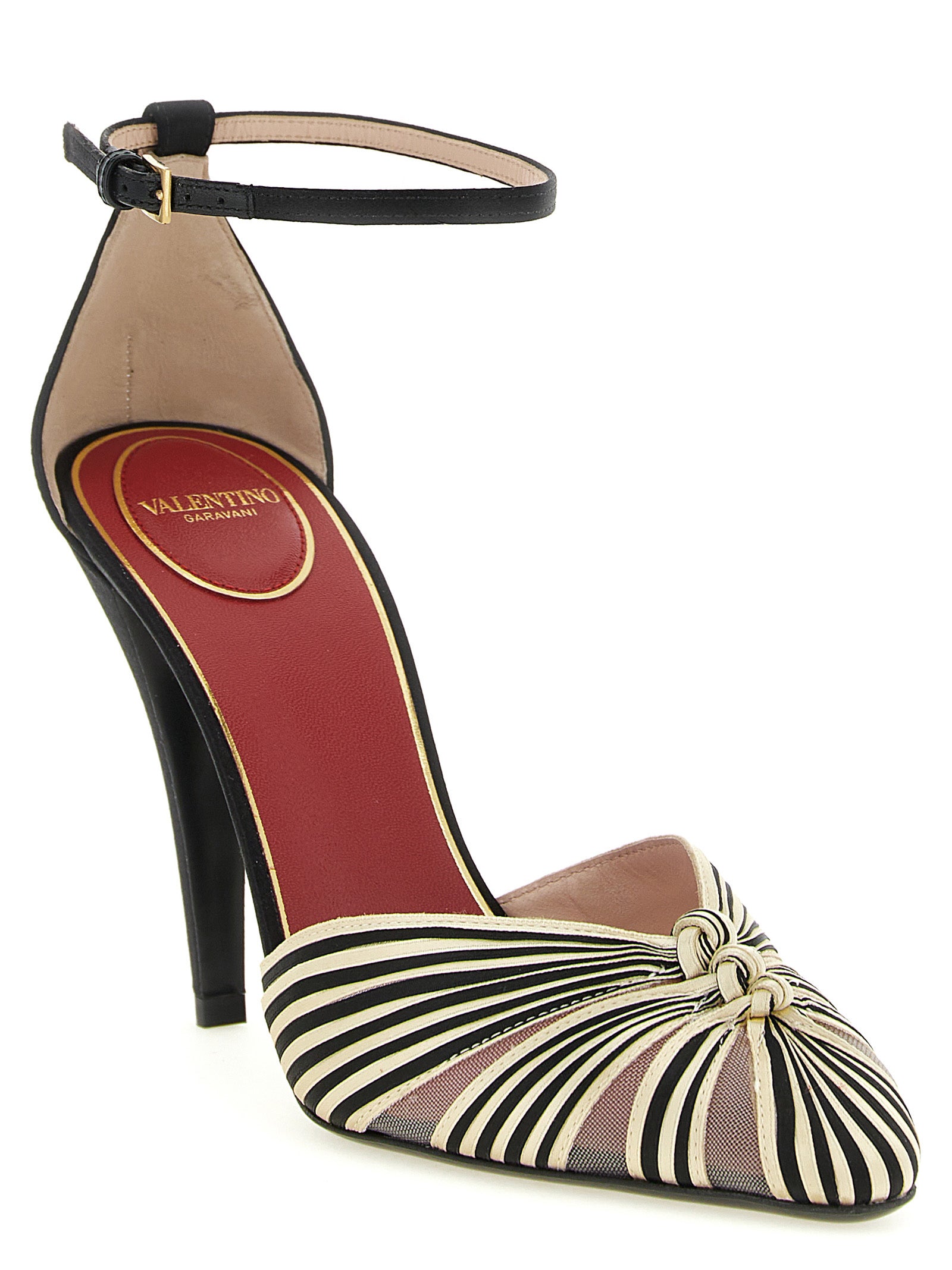 High-Heel Stiletto Ankle Strap Pumps Heels by Valentino Garavani for women in viscose satin silk & mesh gold, multicolor, red, transparent & signature features a effortlessly chic V Logo Women's Viscose Satin Silk & Mesh High-Heel Stiletto Ankle Strap Pumps Heels design with a sophisticated stiletto high-heel and elegant pointed toe style.
