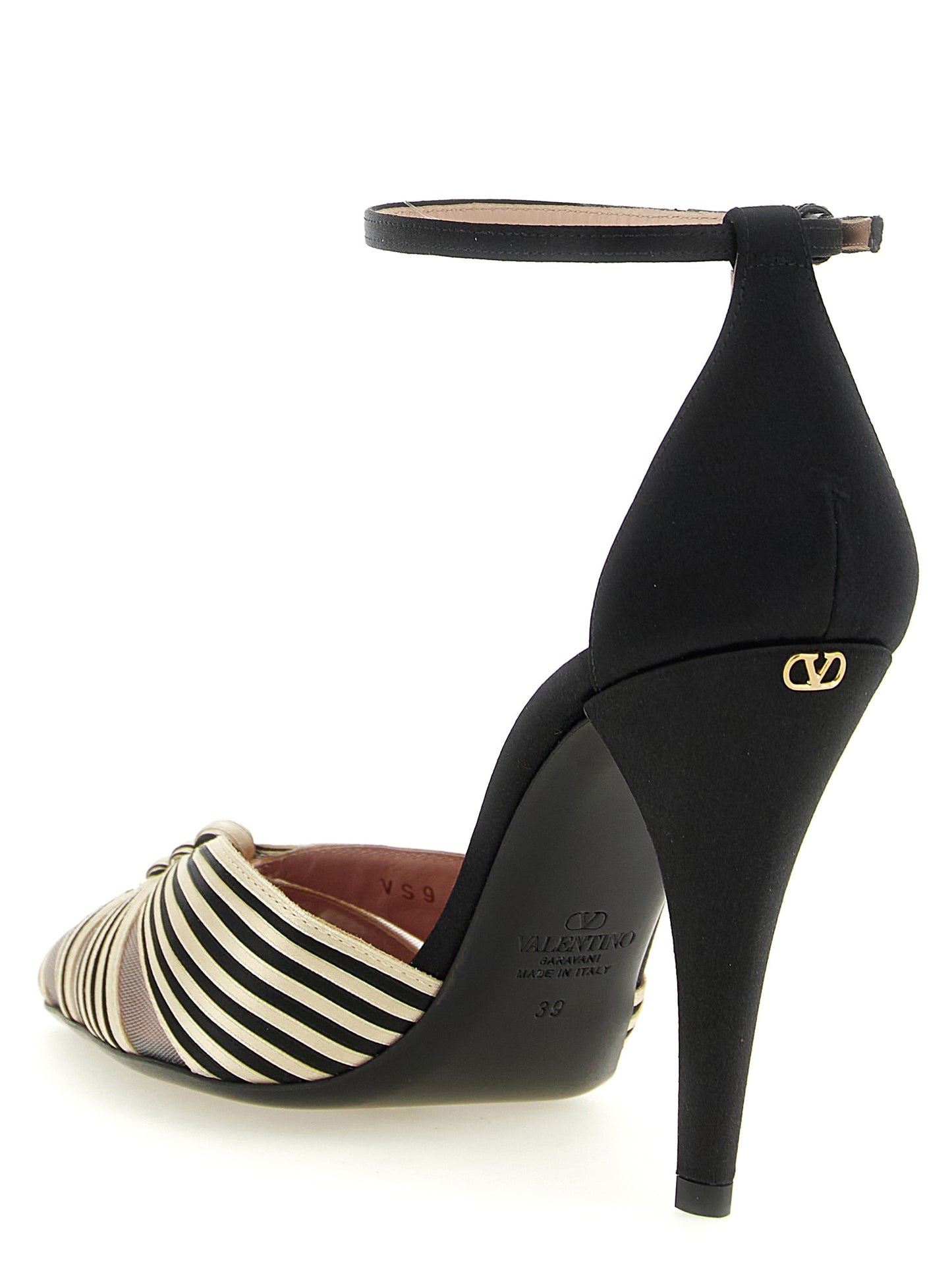 High-Heel Stiletto Ankle Strap Pumps Heels by Valentino Garavani for women in viscose satin silk & mesh and gold, multicolor, red, transparent & signature showcases a effortlessly elegant silhouette as V Logo Women's Viscose Satin Silk & Mesh High-Heel Stiletto Ankle Strap Pumps Heels, featuring a effortlessly elegant stiletto high-heel and a effortlessly elegant pointed toe style for an elegant look.