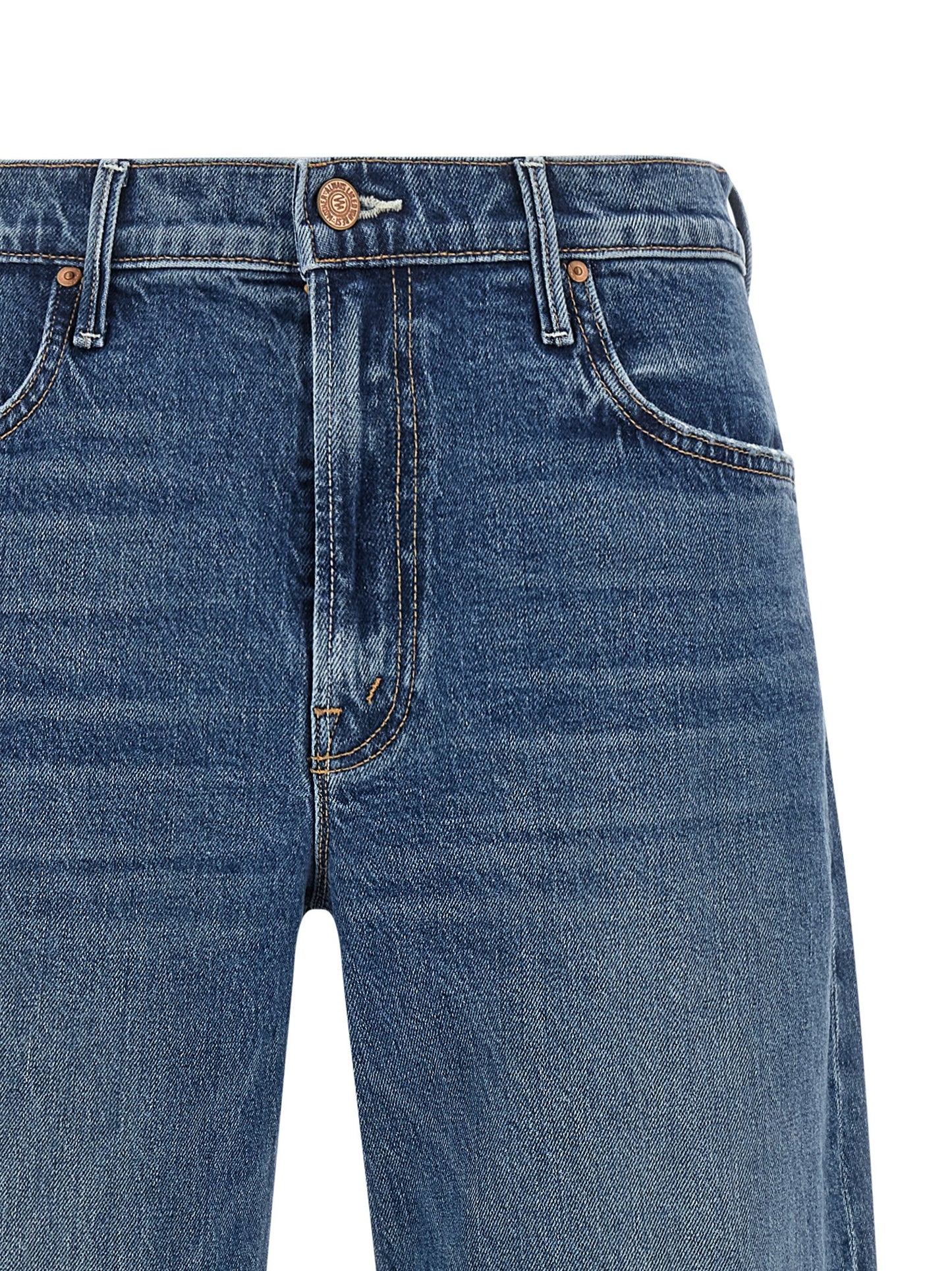 Jeans by Mother Denim for women in stretch cotton denim blue & copper features a polished silhouette with a polished wide & cropped, reaching a polished cropped and finished with a polished mid rise.