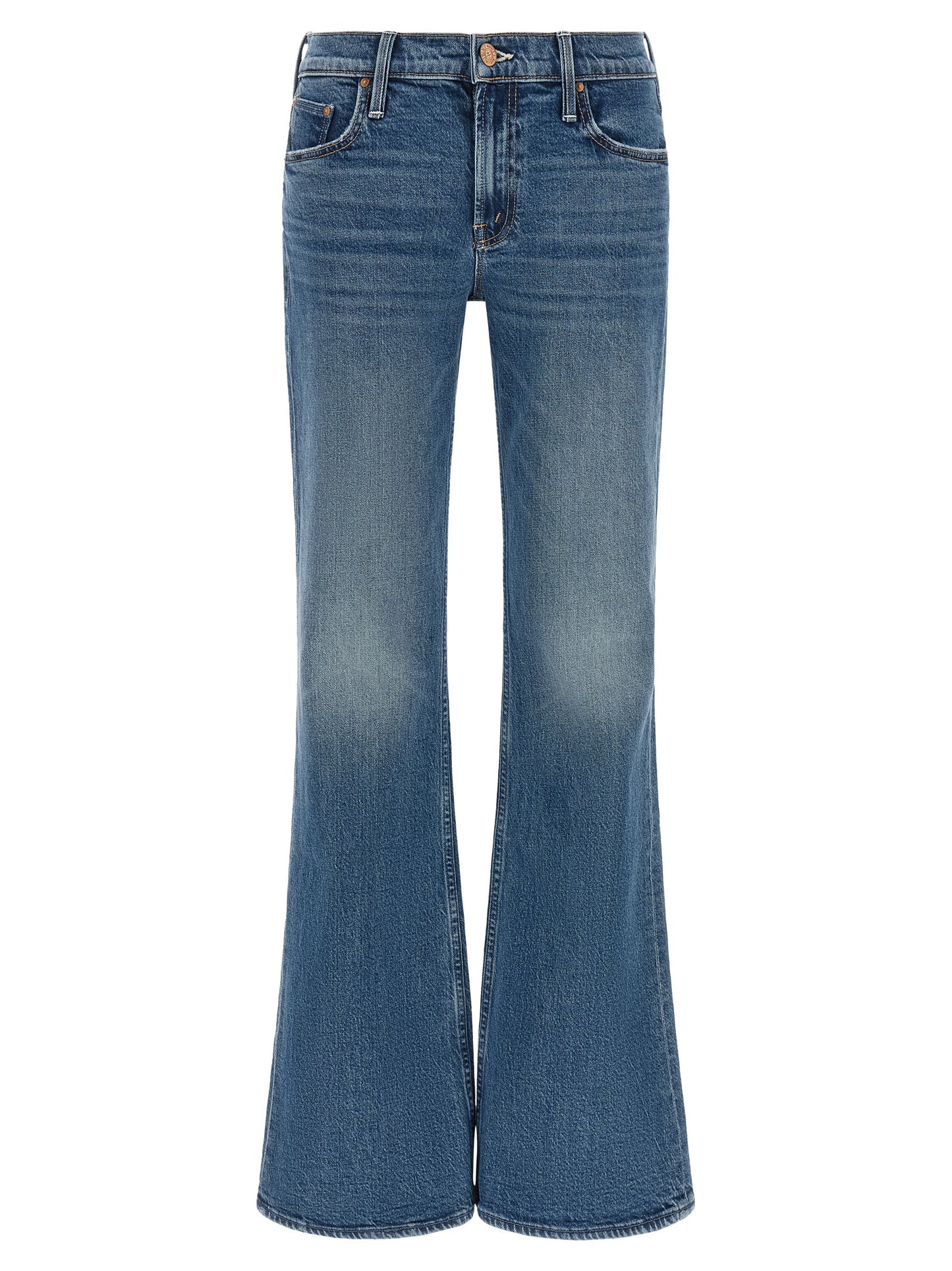 Jeans by Mother Denim for women in stretch cotton denim blue, copper & signature features a polished silhouette with a polished flared & bootcut, reaching a polished long and finished with a polished low rise.