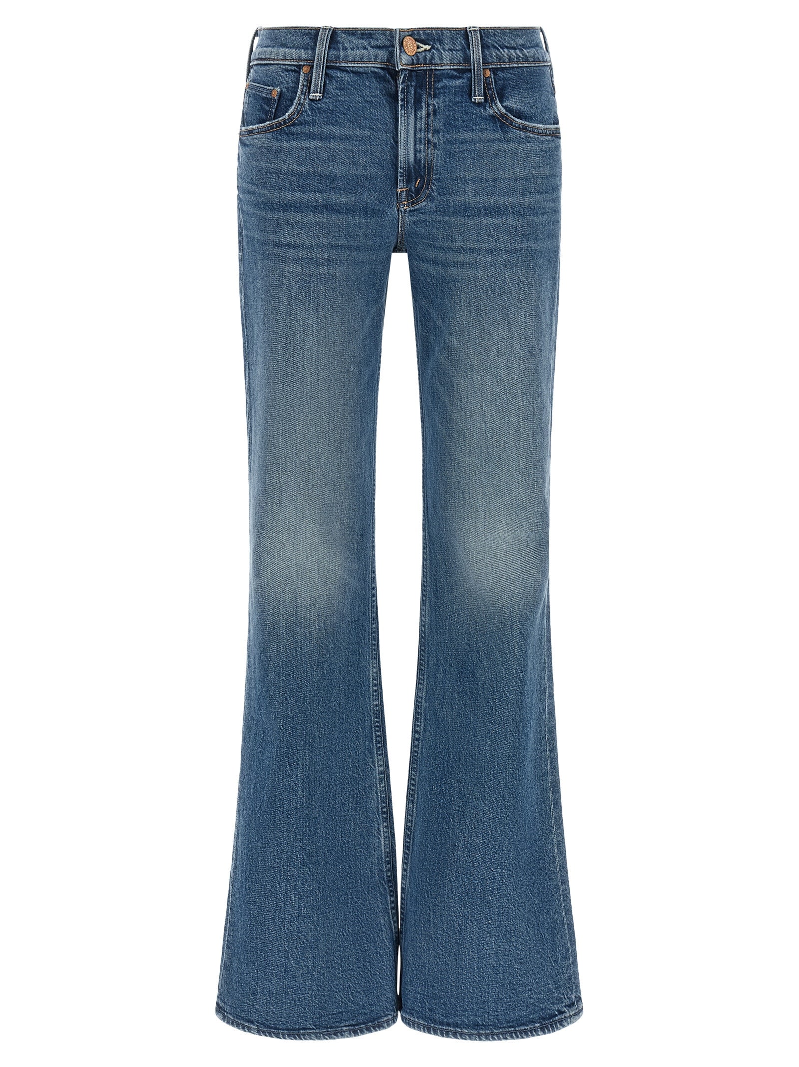 Jeans by Mother Denim for women in stretch cotton denim blue, copper & signature features a polished silhouette with a polished flared & bootcut, reaching a polished long and finished with a polished low rise.