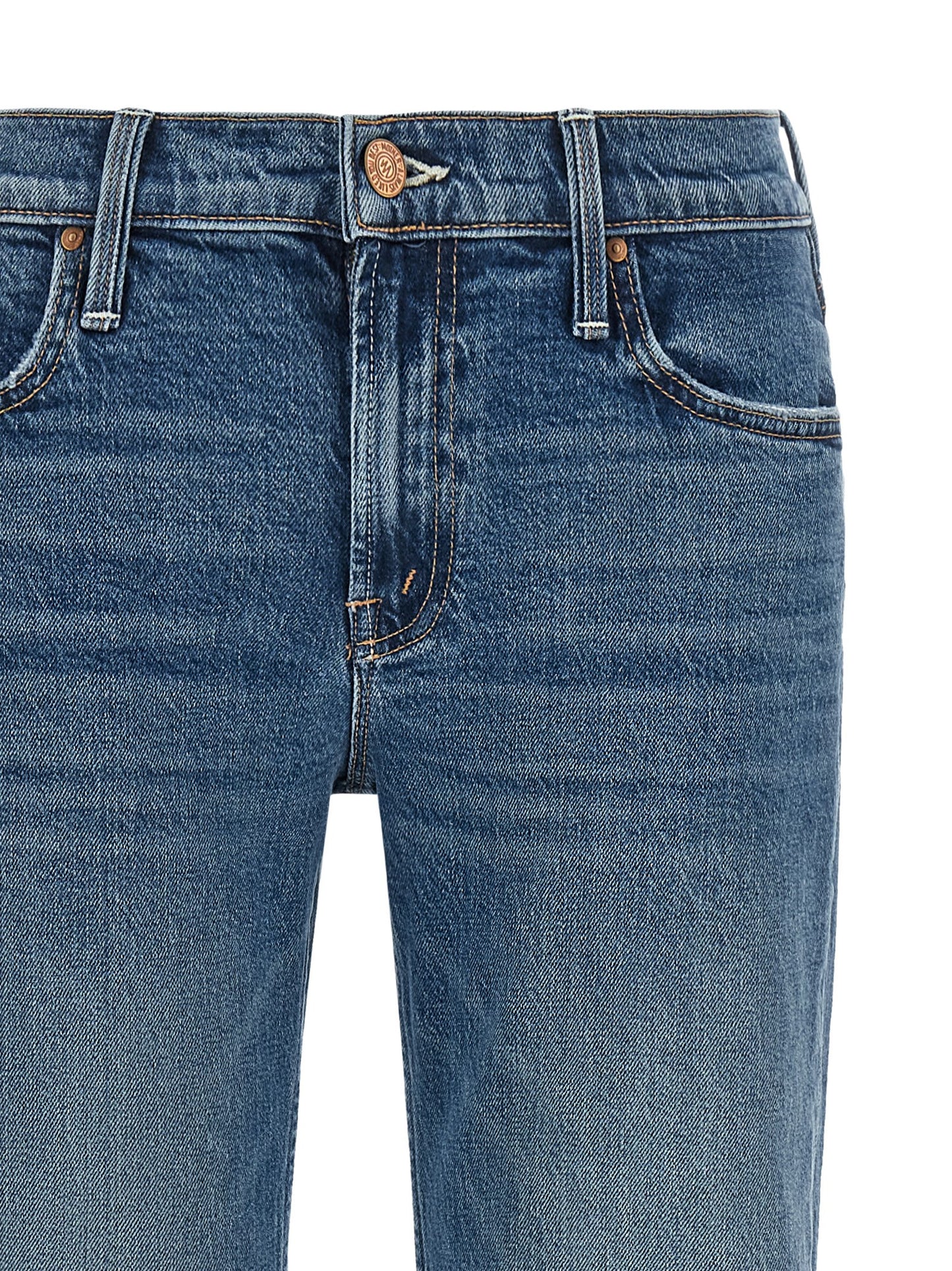 Jeans by Mother Denim for women in stretch cotton denim blue, copper & signature features an refined tailoring silhouette, showcasing a premium flared & bootcut with a low rise and long cut for a refined tailoring look.