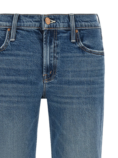 Jeans by Mother Denim for women in stretch cotton denim blue, copper & signature features an refined tailoring silhouette, showcasing a premium flared & bootcut with a low rise and long cut for a refined tailoring look.