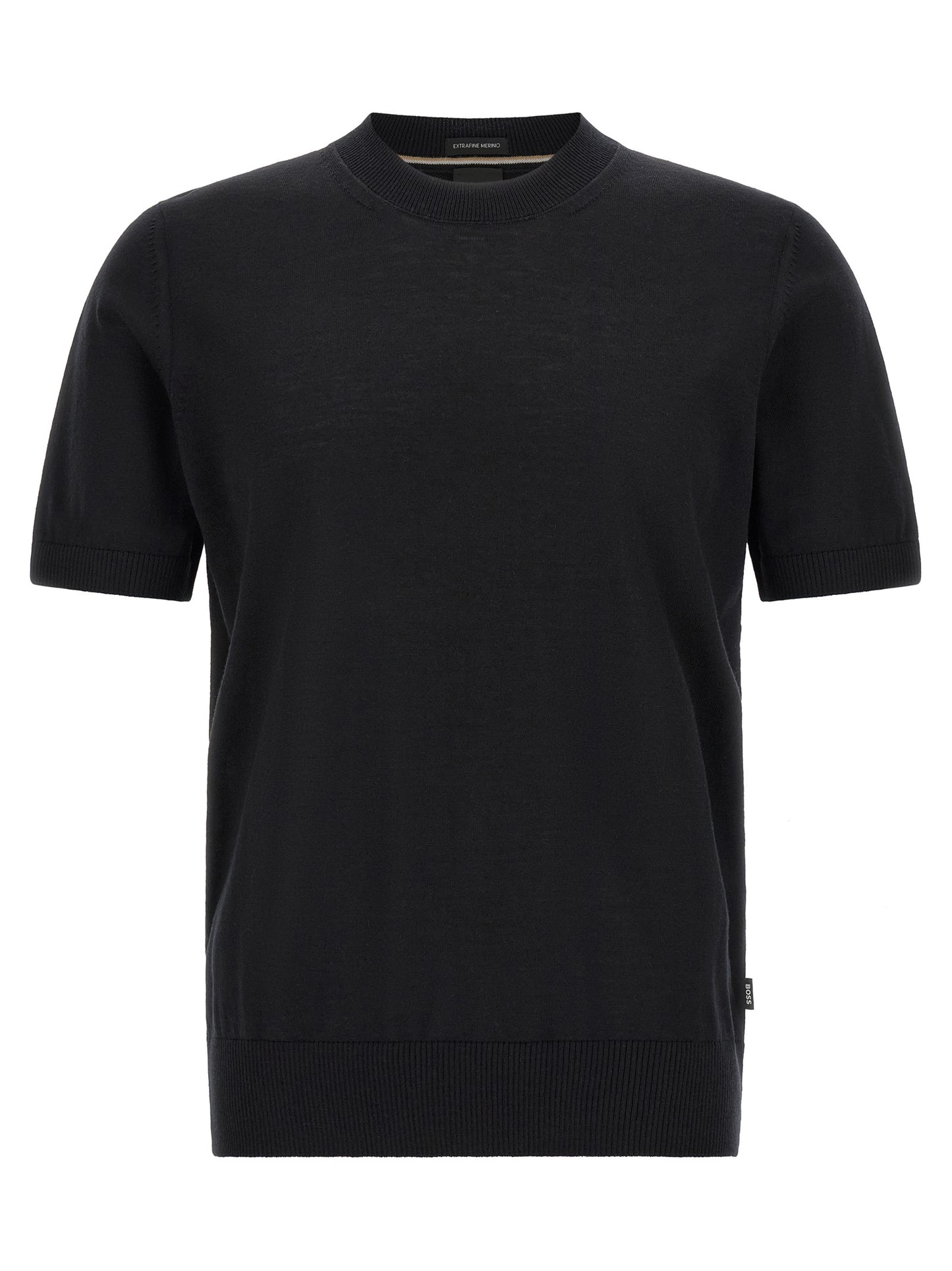 T-Shirt by Hugo Boss for men in merino virgin wool black, natural & striped showcases a fashionable silhouette, elegantly detailed with a fashionable and crew neckline for a sophisticated, high-fashion look.