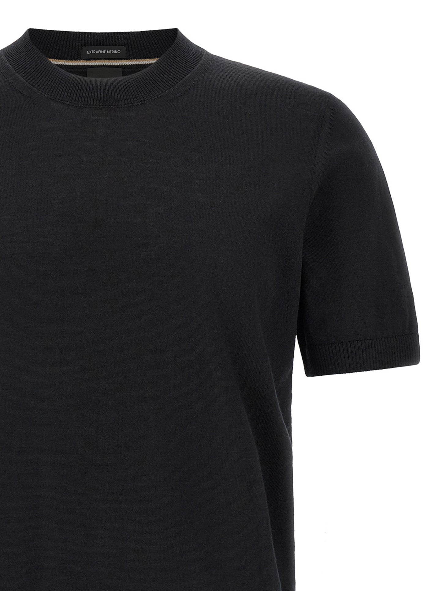 T-Shirt by Hugo Boss for men in merino virgin wool black, natural & striped features an edgy silhouette, meticulously detailed with a sophisticated and crew neckline for a truly edgy finish.