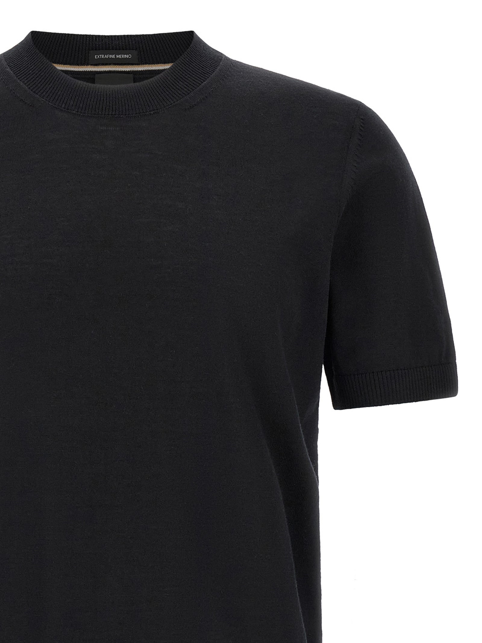 T-Shirt by Hugo Boss for men in merino virgin wool black, natural & striped features an edgy silhouette, meticulously detailed with a sophisticated and crew neckline for a truly edgy finish.