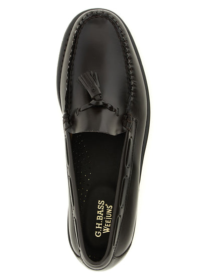 Loafer Slip-On Shoes by G.H. BASS for men in cowhide leather black, brown & gold features an ergonomic silhouette, perfectly showcasing Men's Cowhide Leather Loafer Slip-On Shoes with its distinct and elegant moc toe style.