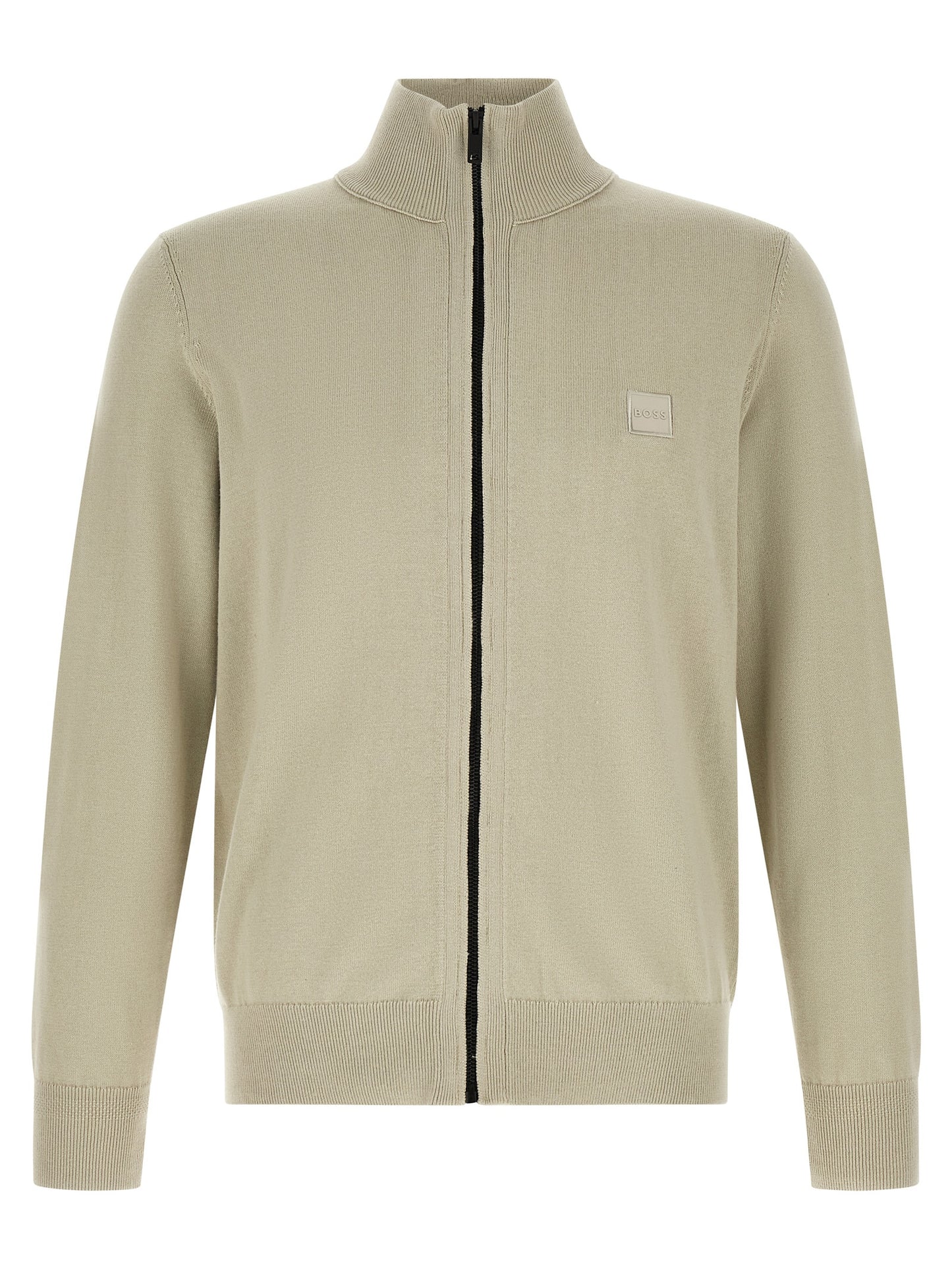 Cardigan by Hugo Boss for men in cashmere cotton blend beige, black & sand showcases a captivating silhouette, artfully detailed with a captivating and high-neck neckline for a truly sophisticated captivating look.