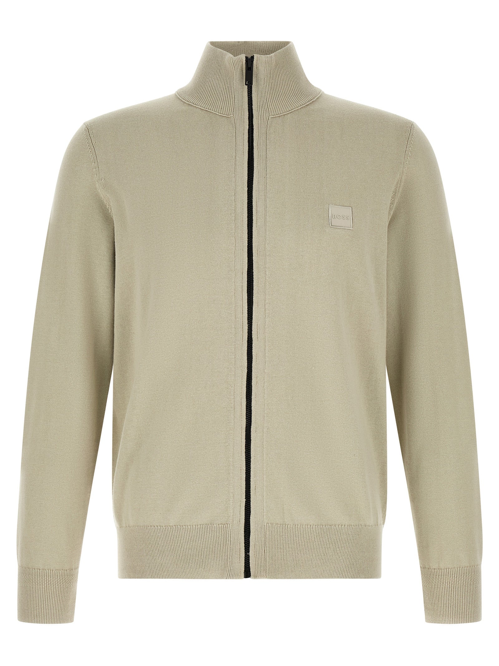 Cardigan by Hugo Boss for men in cashmere cotton blend beige, black & sand showcases a captivating silhouette, artfully detailed with a captivating and high-neck neckline for a truly sophisticated captivating look.
