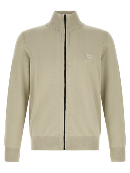 Cardigan by Hugo Boss for men in cashmere cotton blend beige, black & sand showcases a captivating silhouette, artfully detailed with a captivating and high-neck neckline for a truly sophisticated captivating look.