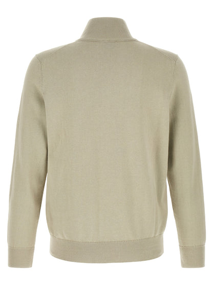 Cardigan by Hugo Boss for men in cashmere cotton blend beige, black & sand presents a textural silhouette, artfully finished with a textural high-neck neckline and for a sophisticated, textural look.
