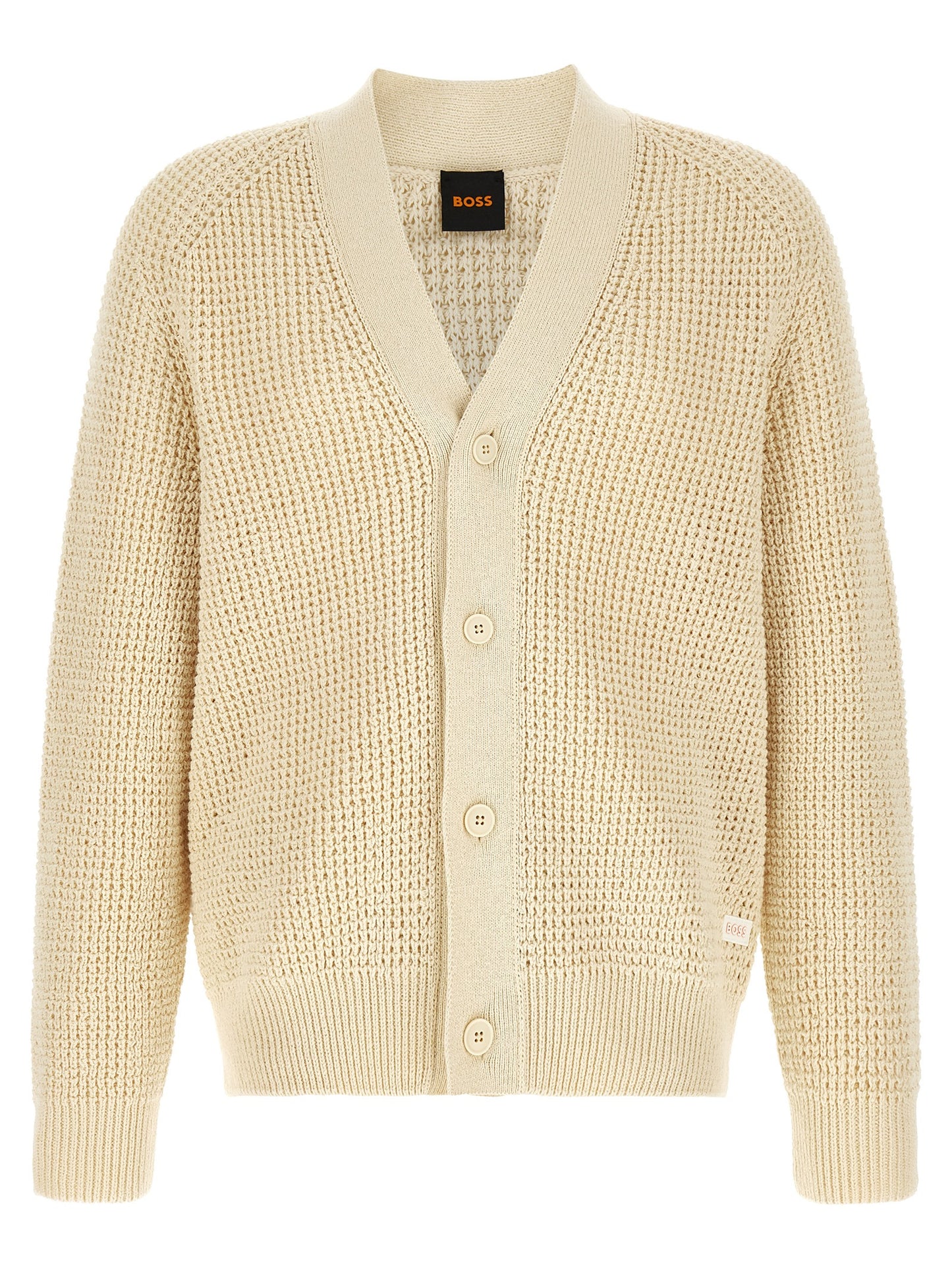 Cardigan by Hugo Boss for men in cotton polyester beige, natural & patterned features a dramatic silhouette, showcasing a sophisticated v-neck neckline and dramatic detail for a timeless, premium look.