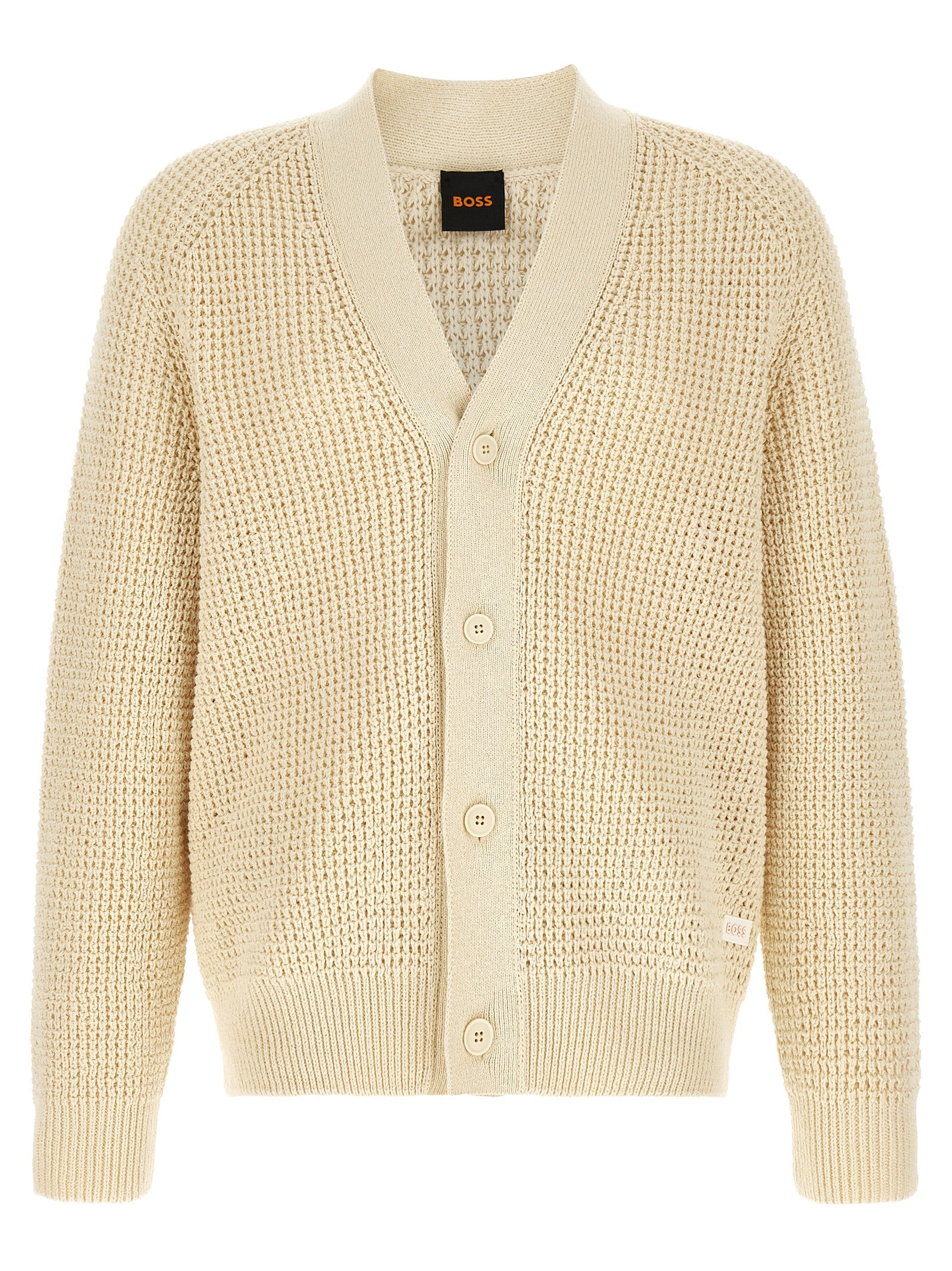Cardigan by Hugo Boss for men in cotton polyester beige, natural & patterned features a dramatic silhouette, showcasing a sophisticated v-neck neckline and dramatic detail for a timeless, premium look.