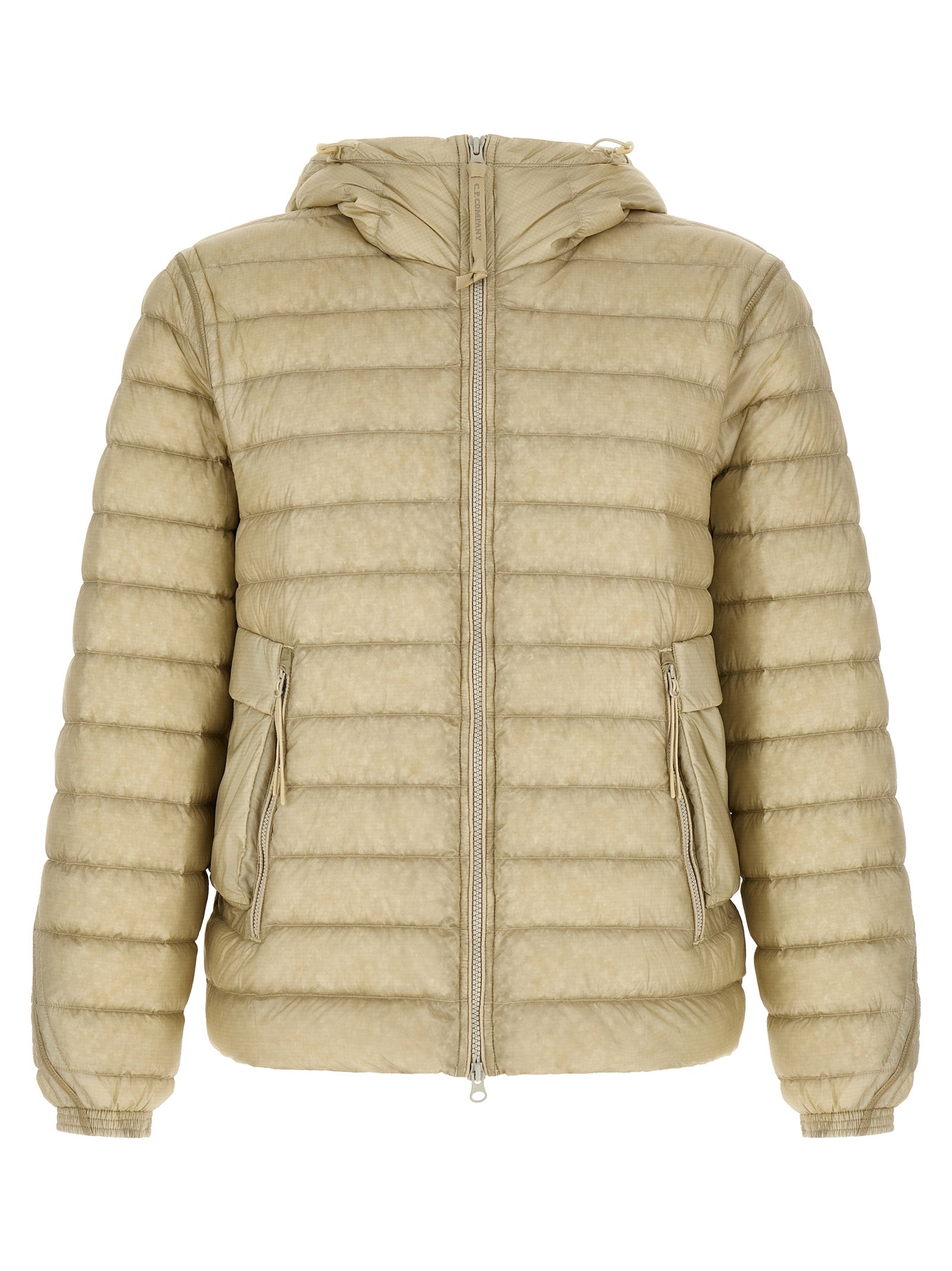 Hooded Puffer Jacket by C.P. Company for men in polyamide beige & sand features a dramatic silhouette, showcasing a sophisticated hooded neckline and distinctive pockets, hooded & insulated for a dramatic aesthetic.