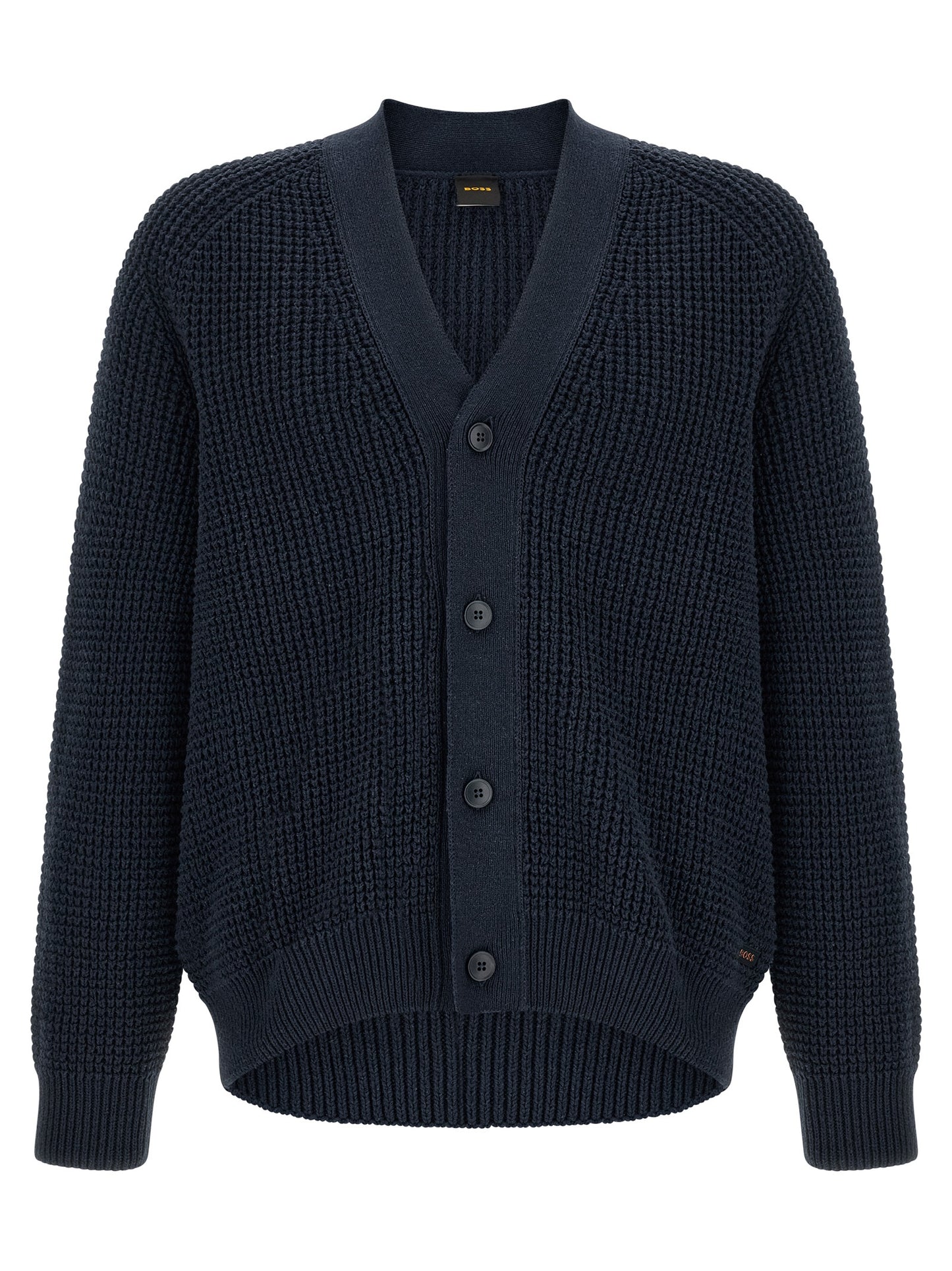 Cardigan by Hugo Boss for men in cotton polyester navy & patterned features a dramatic silhouette, showcasing a sophisticated v-neck neckline and dramatic detail for a timeless, premium look.