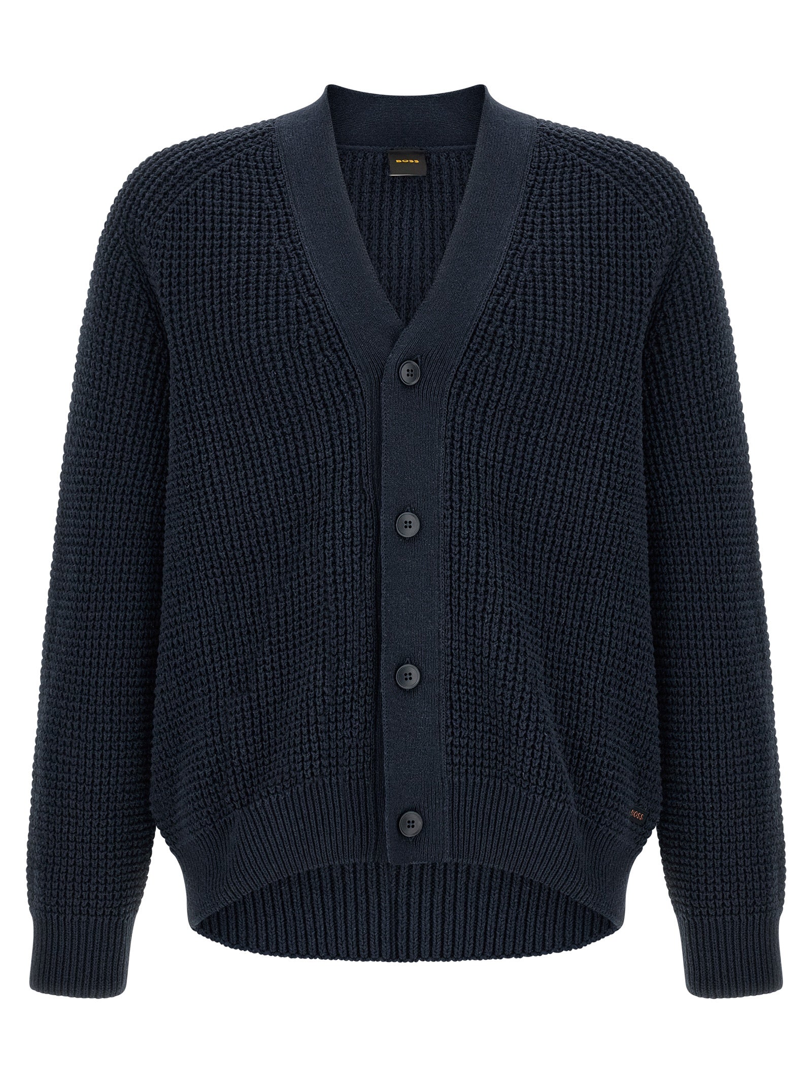 Cardigan by Hugo Boss for men in cotton polyester navy & patterned features a dramatic silhouette, showcasing a sophisticated v-neck neckline and dramatic detail for a timeless, premium look.