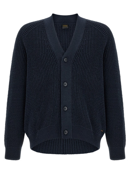 Cardigan by Hugo Boss for men in cotton polyester navy & patterned features a dramatic silhouette, showcasing a sophisticated v-neck neckline and dramatic detail for a timeless, premium look.
