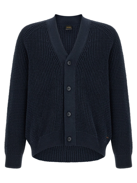 Cardigan by Hugo Boss for men in cotton polyester navy & patterned features a dramatic silhouette, showcasing a sophisticated v-neck neckline and dramatic detail for a timeless, premium look.