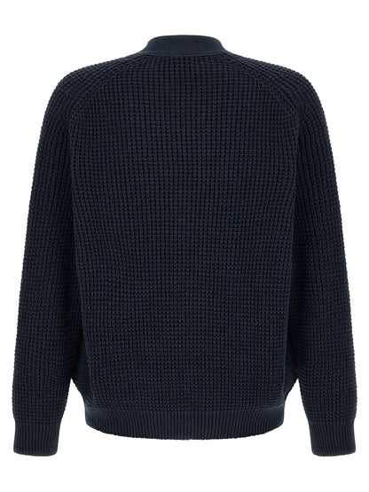 Cardigan by Hugo Boss for men in cotton polyester navy & patterned features an crisp silhouette, showcasing a sophisticated v-neck neckline and detail for a truly crisp finish.
