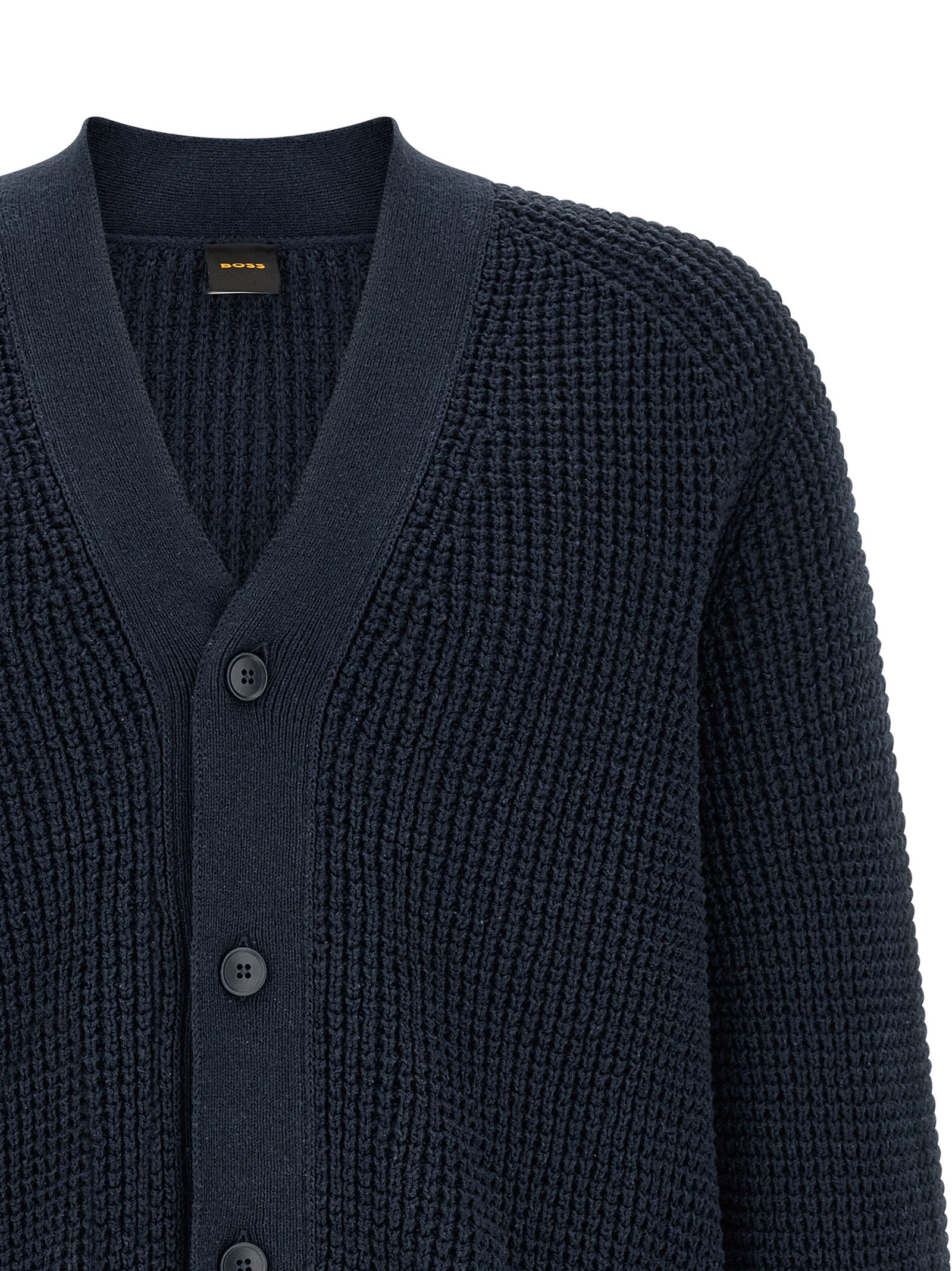 Cardigan by Hugo Boss for men in cotton polyester navy & patterned showcases a captivating silhouette, artfully detailed with a captivating and v-neck neckline for a truly sophisticated captivating look.