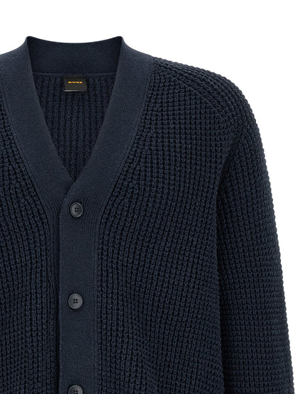 Cardigan by Hugo Boss for men in cotton polyester navy & patterned showcases a captivating silhouette, artfully detailed with a captivating and v-neck neckline for a truly sophisticated captivating look.