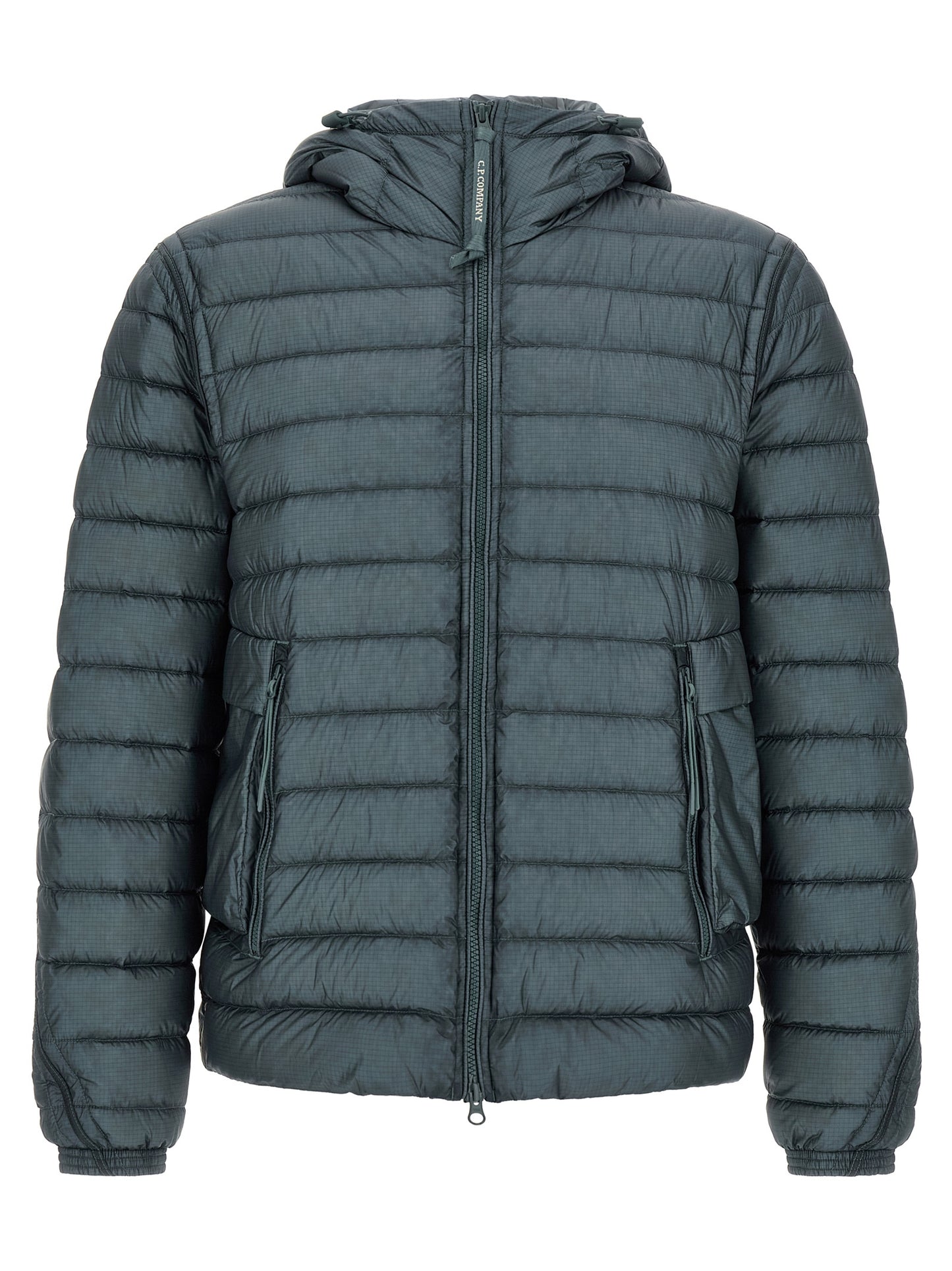 Hooded Puffer Jacket by C.P. Company for men in polyamide blue & teal showcases a bohemian silhouette, artfully detailed with a bohemian hooded neckline and signature hooded & insulated for a truly bohemian finish.