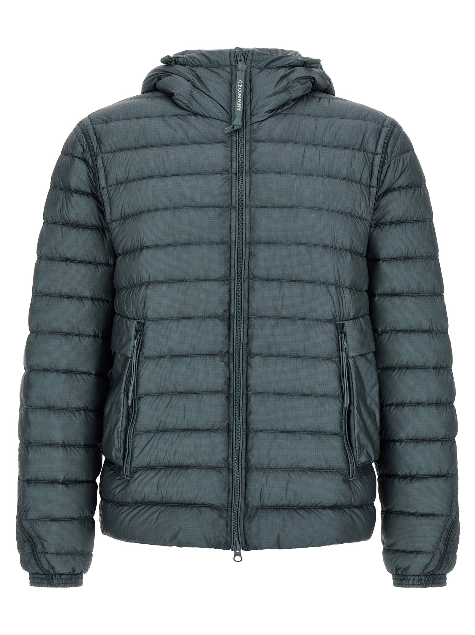 Hooded Puffer Jacket by C.P. Company for men in polyamide blue & teal showcases a bohemian silhouette, artfully detailed with a bohemian hooded neckline and signature hooded & insulated for a truly bohemian finish.