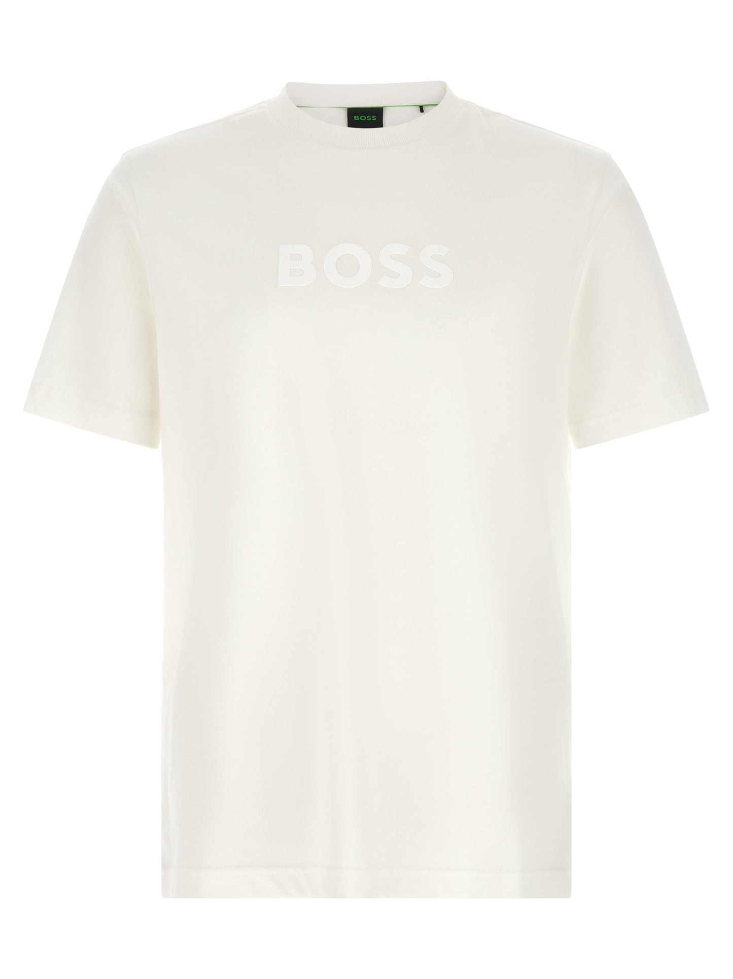 T-Shirt by Hugo Boss for men in cotton white showcases a fashionable silhouette, elegantly detailed with a fashionable and for a sophisticated, high-fashion look.