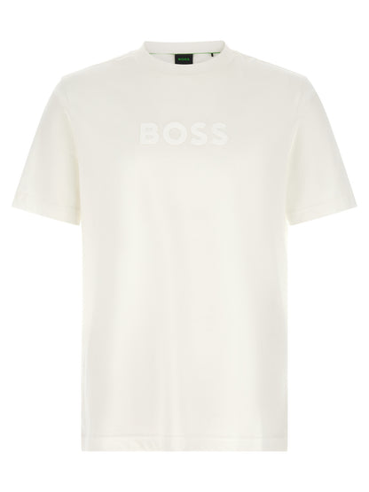 T-Shirt by Hugo Boss for men in cotton white showcases a fashionable silhouette, elegantly detailed with a fashionable and for a sophisticated, high-fashion look.