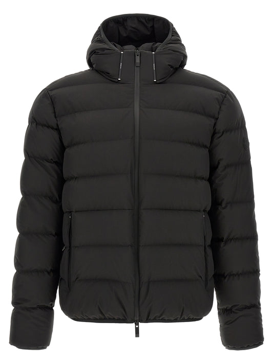 Hooded Puffer Jacket by Moncler for men in polyester black features an contemporary silhouette, showcasing a sophisticated hooded neckline and contemporary lightweight, hooded & insulated for a truly refined look.