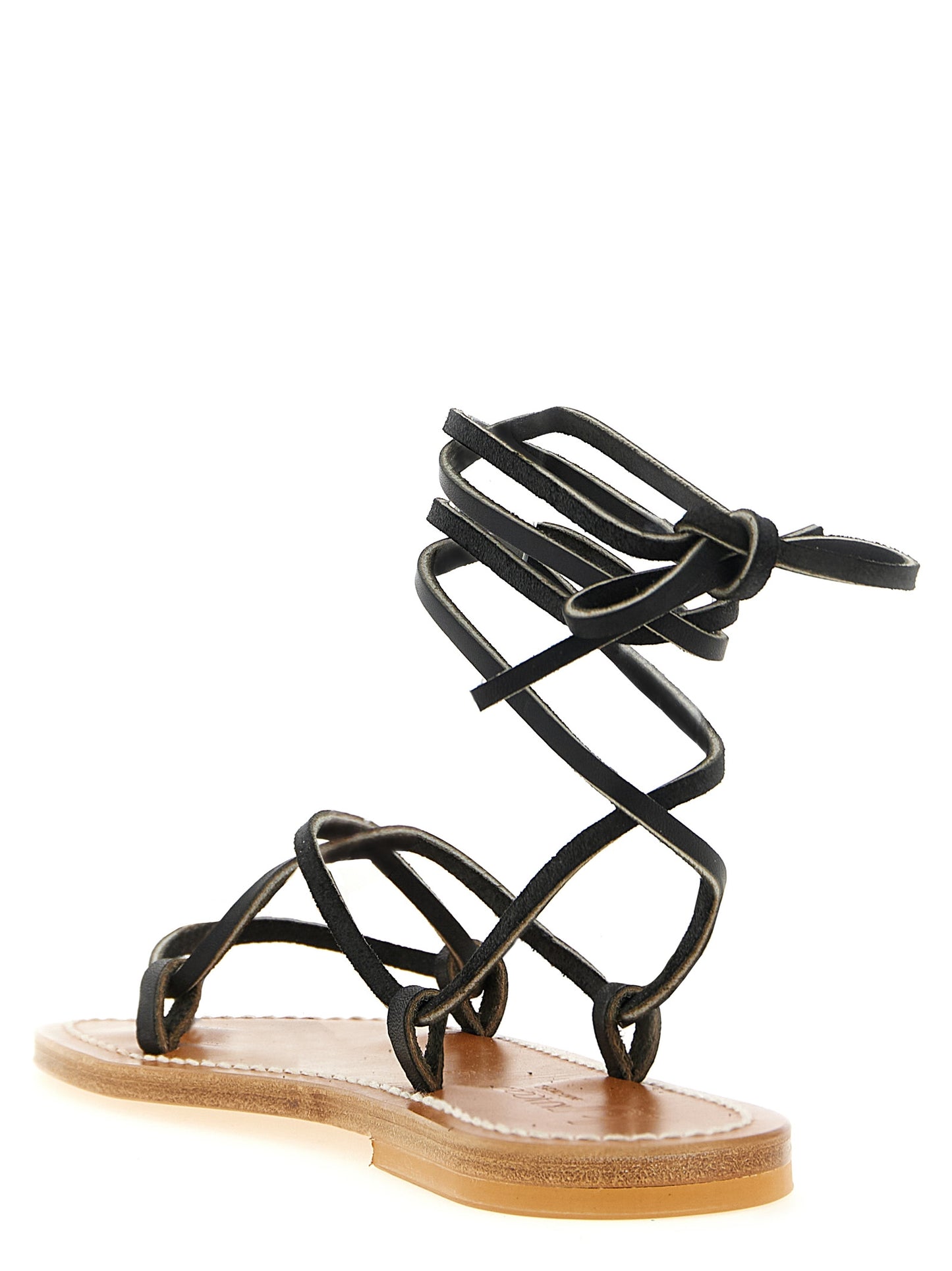Flat Flip-Flop Lace-Up Sandals by K.JACQUES SAINT TROPEZ for women in bos taurus cowhide leather black, natural & white presents a sculptural silhouette, showcasing the Essence Women's Bos Taurus Cowhide Leather Flat Flip-Flop Lace-Up Sandals design with a sculptural flat and for a premium look.