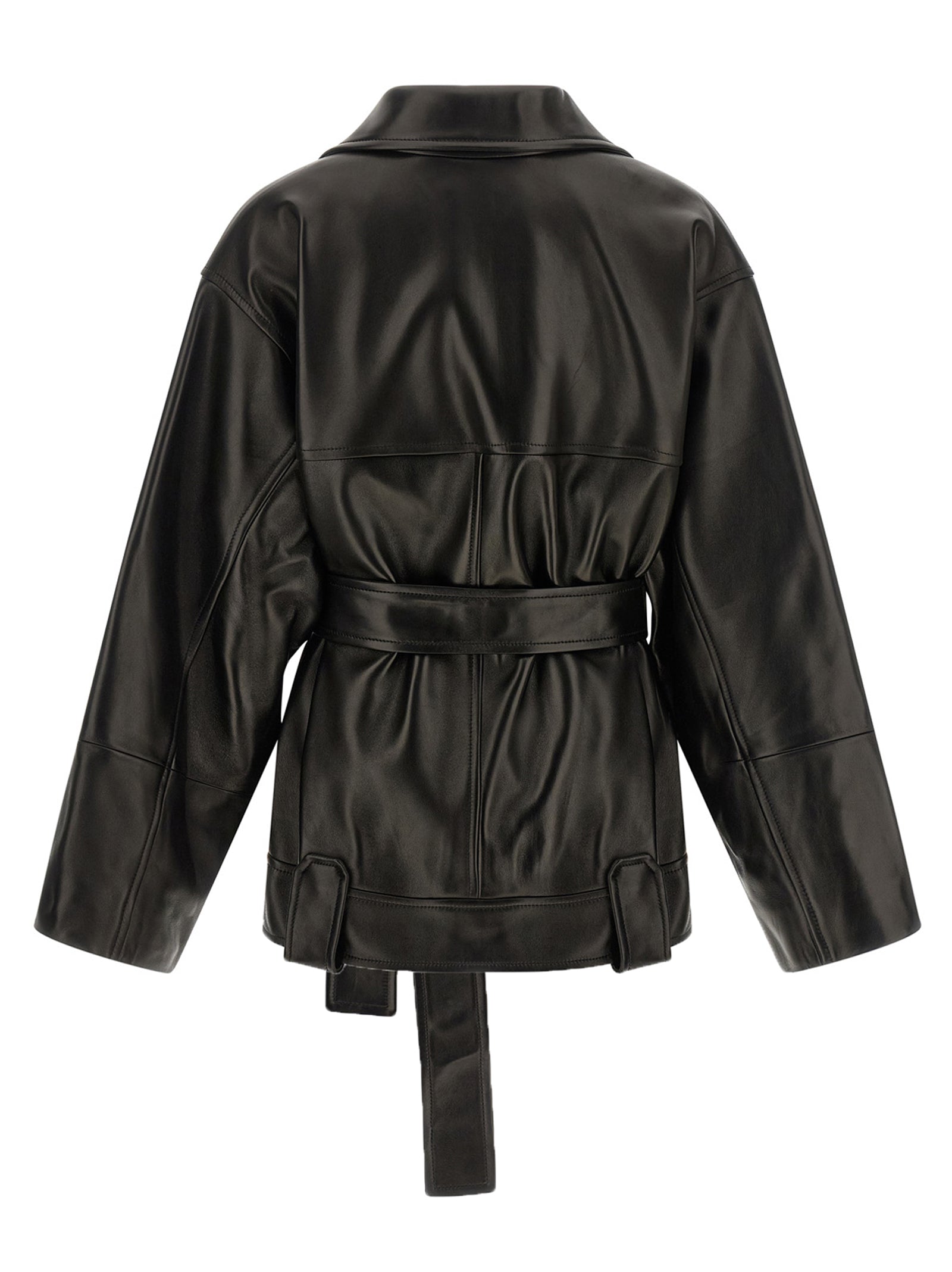 Jacket by Khaite for women in lambskin leather black presents a impeccable silhouette, showcasing distinct pockets and a impeccable for a sophisticated finish.
