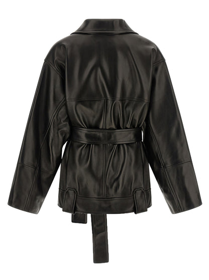 Jacket by Khaite for women in lambskin leather black presents a impeccable silhouette, showcasing distinct pockets and a impeccable for a sophisticated finish.