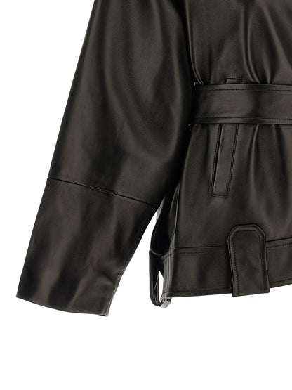 Jacket by Khaite for women in lambskin leather black showcases a contemporary silhouette, detailed with a contemporary and premium pockets for a sophisticated finish.