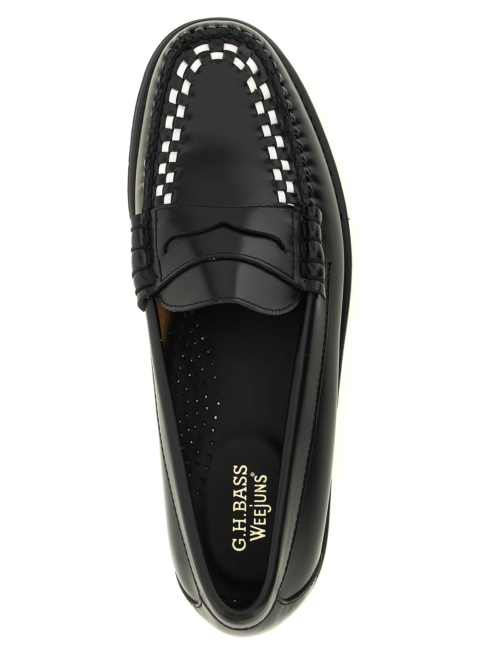 Loafer Slip-On Shoes by G.H. BASS for men in cowhide leather bicolour, black, gold & white features an ergonomic silhouette, perfectly showcasing Men's Cowhide Leather Loafer Slip-On Shoes with its distinct and elegant moc toe style.