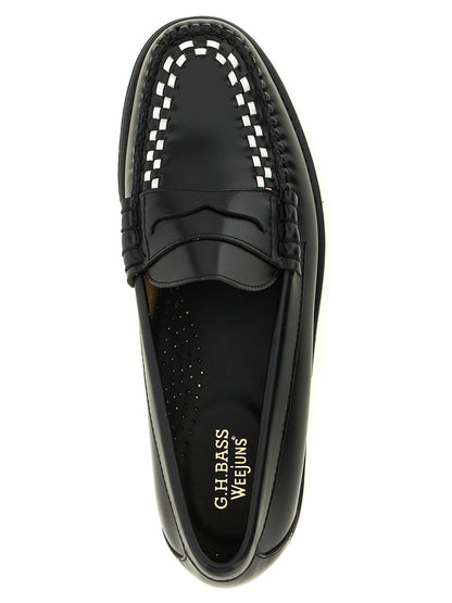 Loafer Slip-On Shoes by G.H. BASS for men in cowhide leather bicolour, black, gold & white features an ergonomic silhouette, perfectly showcasing Men's Cowhide Leather Loafer Slip-On Shoes with its distinct and elegant moc toe style.