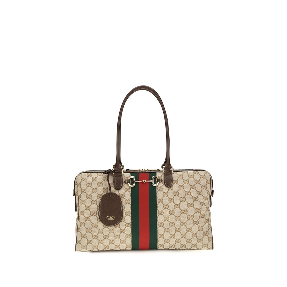 Large Handbag by Gucci for women in polyester leather cotton canvas beige, signature & striped features an refined silhouette, showcasing a secure zipper, ample , and versatile shoulder-strap, handle, adjustable-strap & detachable-strap for a sophisticated refined aesthetic.