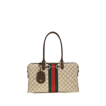 Large Handbag by Gucci for women in polyester leather cotton canvas beige, signature & striped features an refined silhouette, showcasing a secure zipper, ample , and versatile shoulder-strap, handle, adjustable-strap & detachable-strap for a sophisticated refined aesthetic.