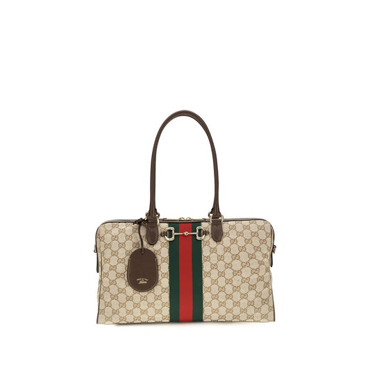 Large Handbag by Gucci for women in polyester leather cotton canvas beige, signature & striped features an refined silhouette, showcasing a secure zipper, ample , and versatile shoulder-strap, handle, adjustable-strap & detachable-strap for a sophisticated refined aesthetic.