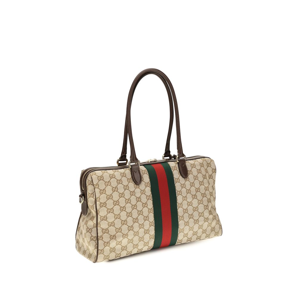 Large Handbag by Gucci for women in polyester leather cotton canvas beige, signature & striped presents a ornamental silhouette, showcasing a secure zipper, ample , and versatile shoulder-strap, handle, adjustable-strap & detachable-strap for a ornamental finish.