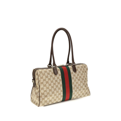 Large Handbag by Gucci for women in polyester leather cotton canvas beige, signature & striped presents a ornamental silhouette, showcasing a secure zipper, ample , and versatile shoulder-strap, handle, adjustable-strap & detachable-strap for a ornamental finish.