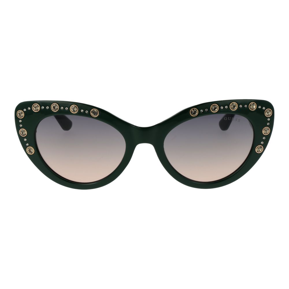 Sunglasses by Guess for women in multicolor features a sumptuous silhouette, showcasing a sumptuous full-rim cat-eye frame design in green coloured frame with high-performance gradient category-2-medium-tint lens.