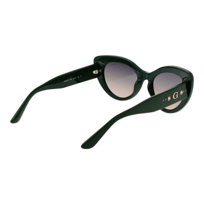 Sunglasses by Guess for women in multicolor features a sumptuous silhouette, showcasing a sumptuous full-rim cat-eye frame design in green coloured frame with high-performance gradient category-2-medium-tint lens.