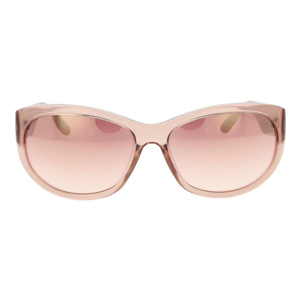 Sunglasses by Guess for women in plastic pink features an lustrous butterfly full-rim frame design with rose coloured frame detailing and category-2-medium-tint lens for a lustrous aesthetic.