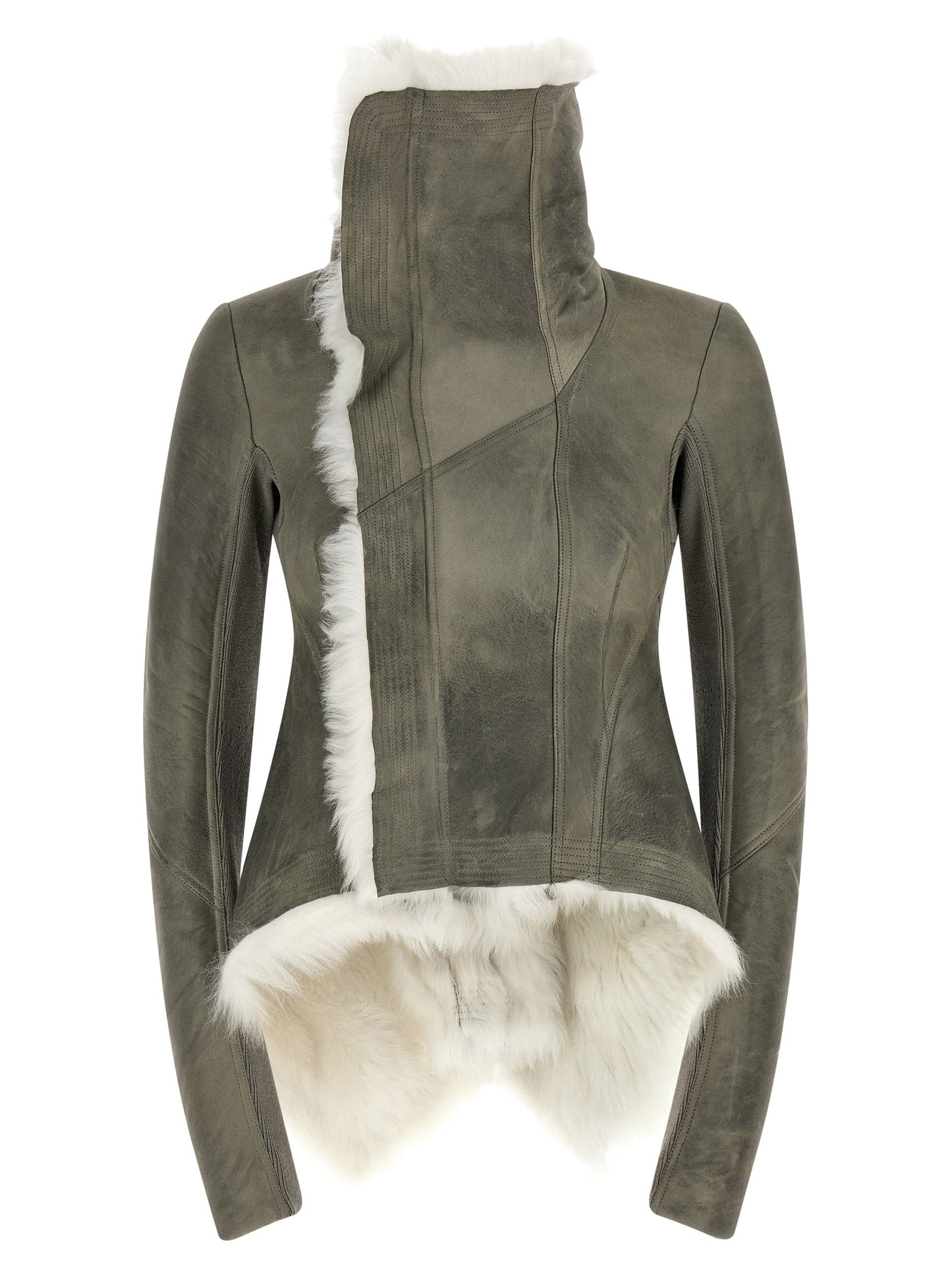 This Jacket by Rick Owens for women in lambskin leather & shearling gray showcases a magnificent silhouette, meticulously crafted with a distinctive and functional for a magnificent finish.