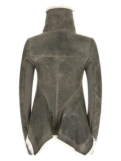 Jacket by Rick Owens for women in lambskin leather & shearling gray features a smart silhouette, perfectly accentuated by its unique and functional for a smart finish.