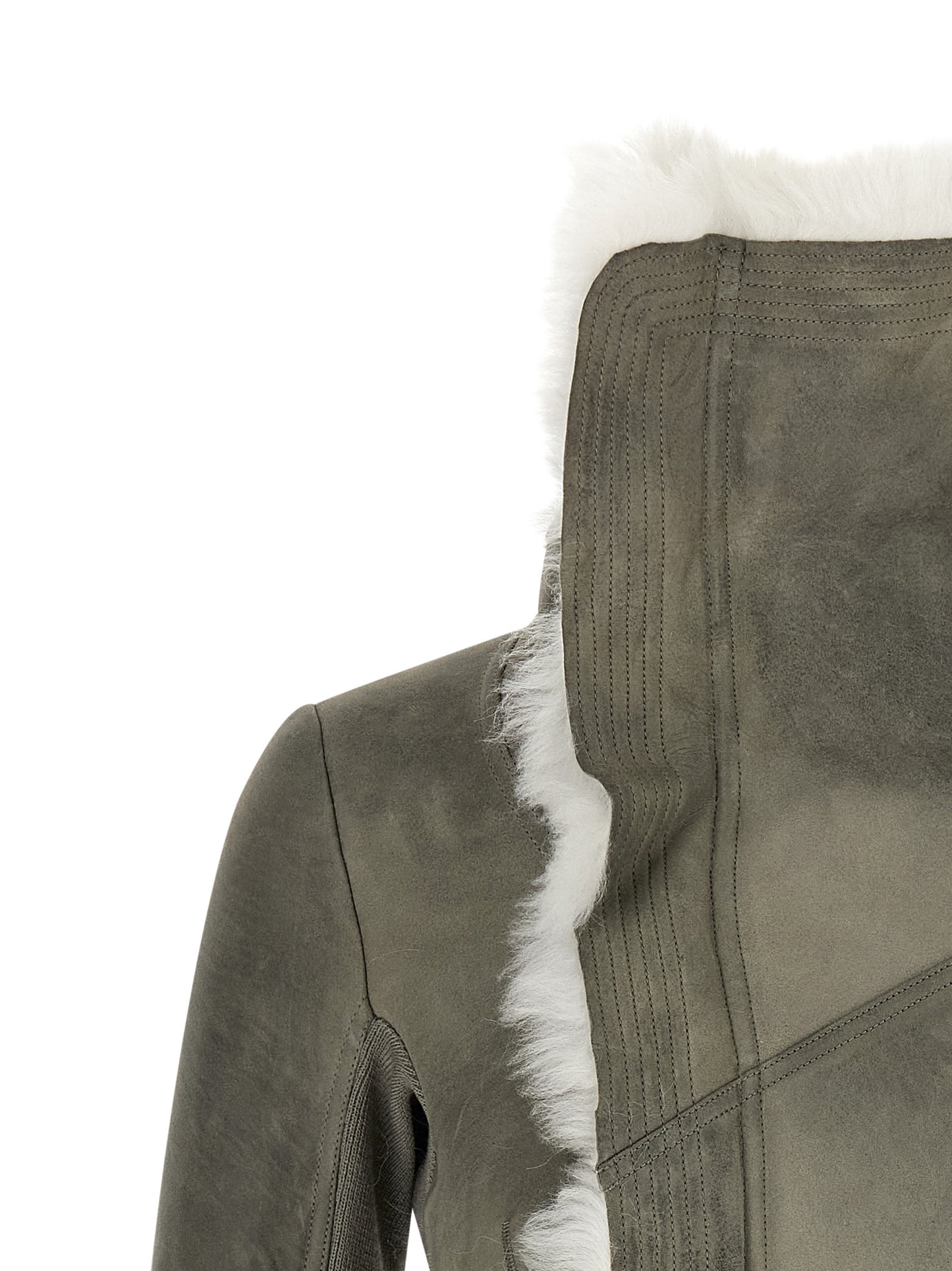 Jacket by Rick Owens for women in lambskin leather & shearling gray presents a impeccable silhouette, showcasing distinct and a impeccable for a sophisticated finish.